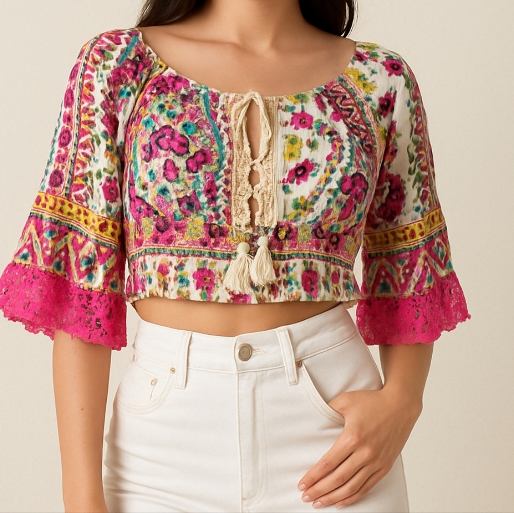 Bohemian Floral Pink Crop Top - Picture 3 of 8